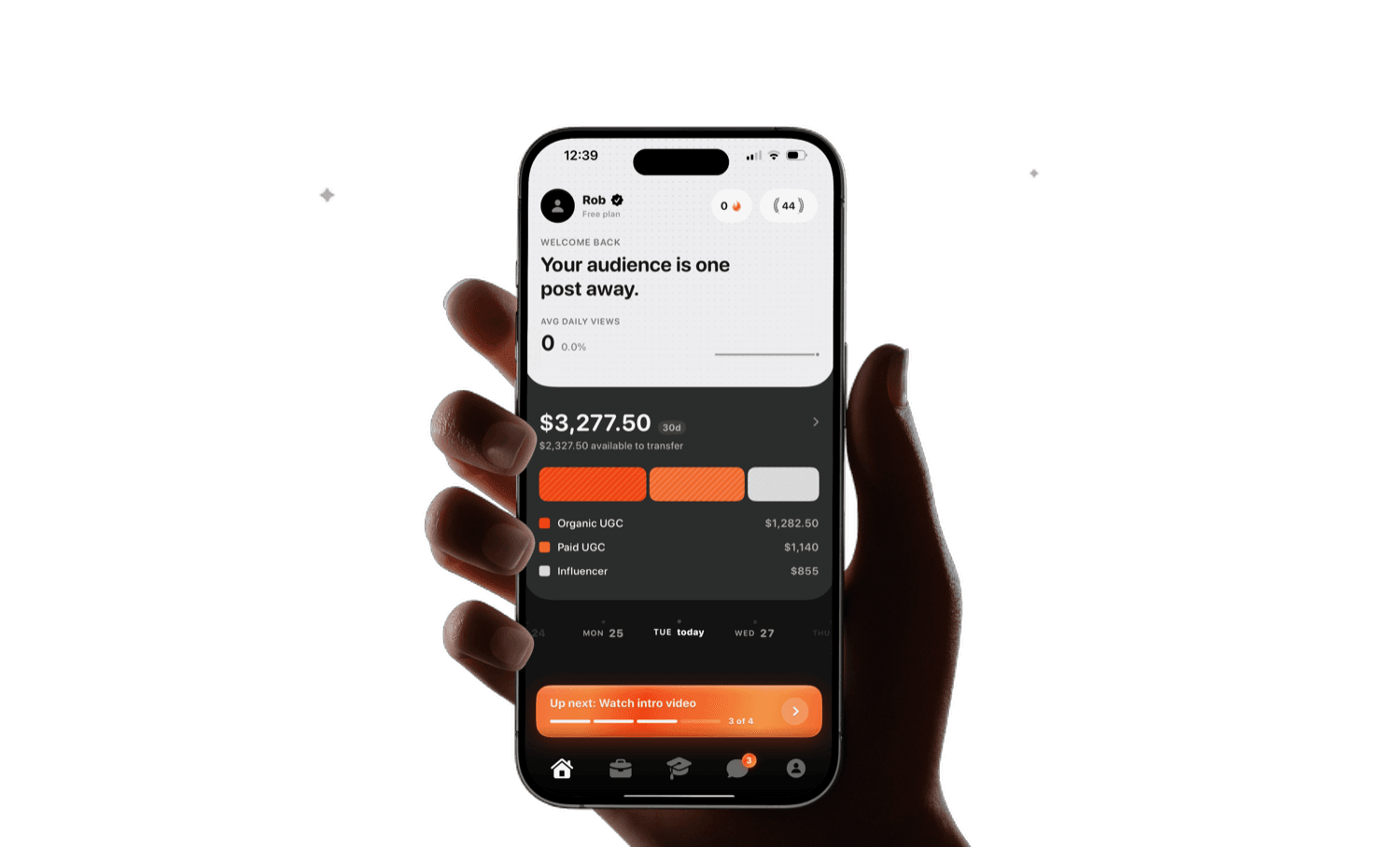 A creator holding the Artec app showing campaign earnings and brand deals