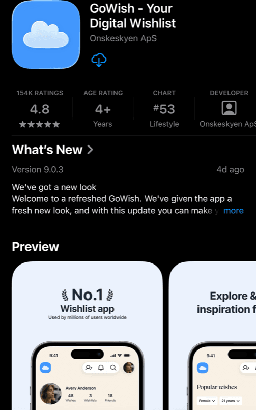 GoWish App Store listing